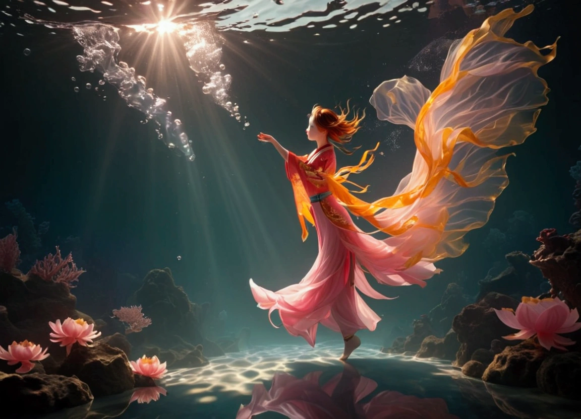 1. Little Girl, Solitary, Under the Deep Sea, walking underwater；Wearing pink Chinese clothing，Fairy the same，underwater dance；dancer；Golden water，金色的bubble； Deep Shadows, Extraordinary details, bubble, spark, Sun streaks, seabed, bright, whole body, swirl, Golden Light, Embed:Average runoff, masterpiece, high quality, 4K，More white space。