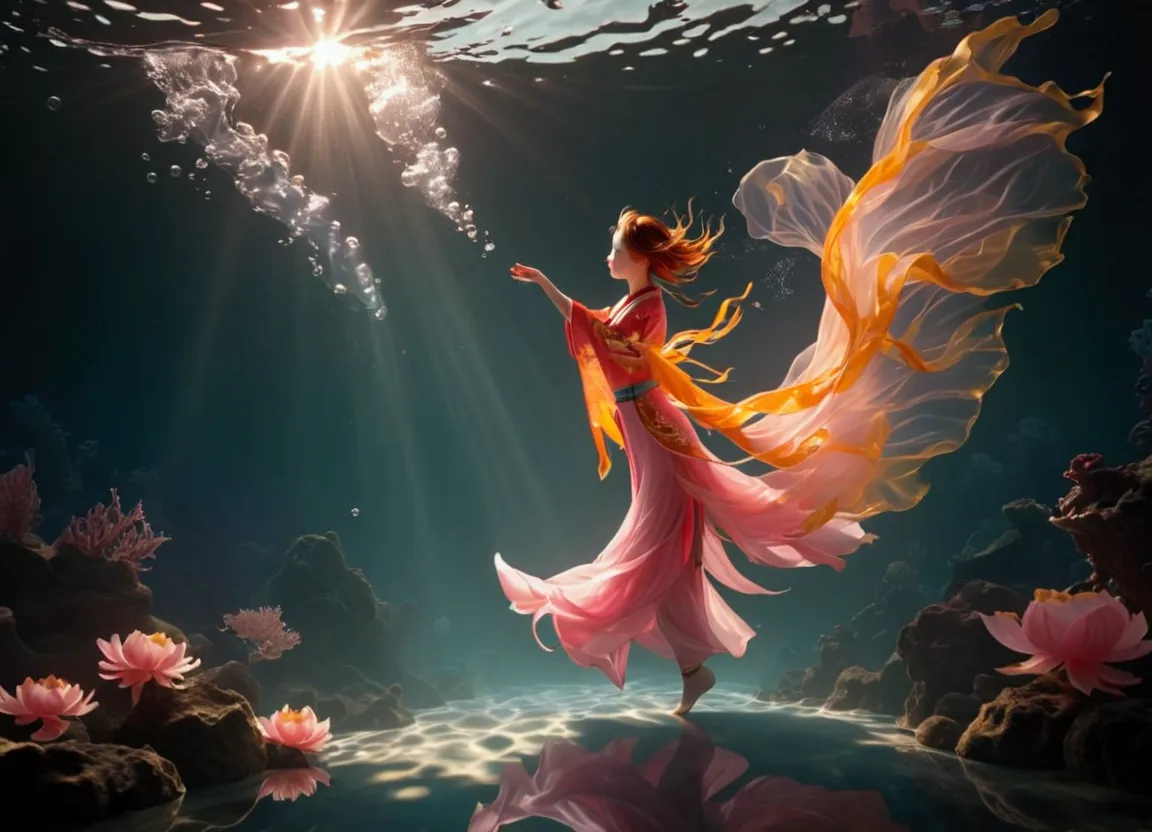 1. little girl, solitary, under the deep sea, walking underwater；wearing pink chinese clothing，fairy the same，underwater dance；d...