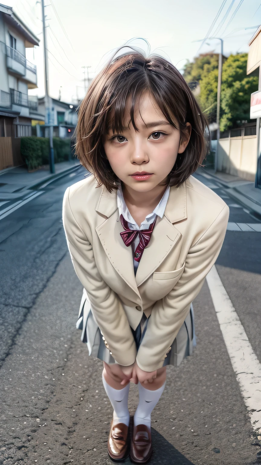 (Junior high school girls walking on the streets of Tokyo:1.2、blue sky)、((school uniform、blazer、Pleated skirt、Navy blue socks、loafers)、the wind is strong、(Realistic、Like a photograph、Live Action、8k, Realistic, RAW Photos, Best image quality: 1.4), Single-lens reflex camera、RAW Photos, Highest quality, Realistic, Highly detailed CG Unity 8k wallpaper, Written boundary depth, Cinematic Light, Lens flare, Ray Tracing, Realistic background、((Ultra-Dense Skin))、 A 14-year-old girl on her way to school,cute Japanese、(whole body:1.5)、Very detailedな顔，avert your eyes:1.1、(short hair:1.2、Shortcuty hair is blowing in the wind:1.4)、I like that style、stylish、Very detailed、Pay attention to the details、Perfect outfit、(Sunburned skin)、View from above、Accurate hands、Accurate legs、Detailed hands and fingers、Anatomically correct body、Thin legs、Thin thighs、Small breasts