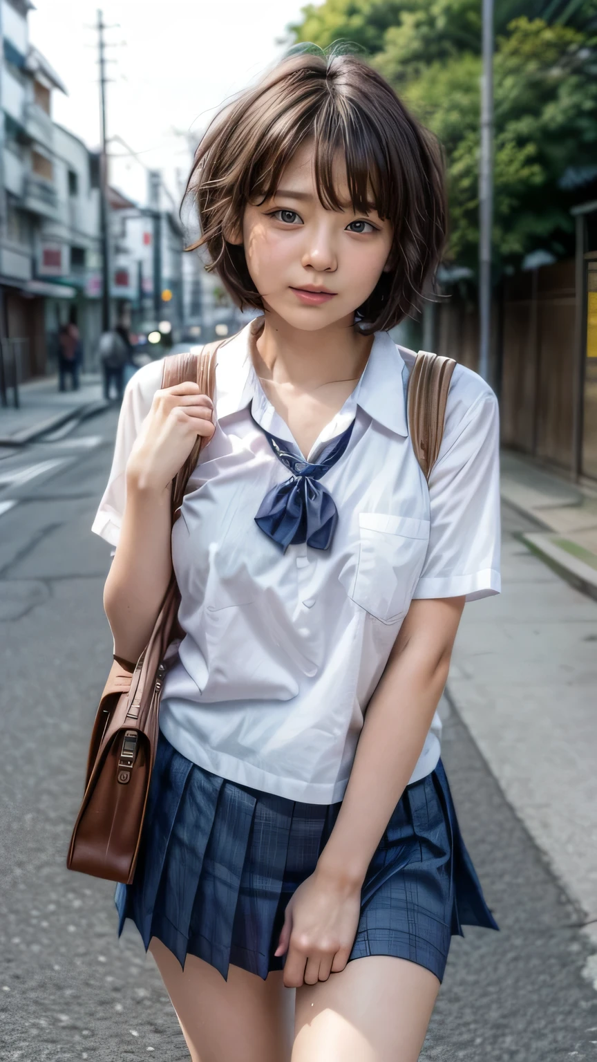 (Des lycéennes marchant dans les rues de Tokyo:1.2、ciel bleu)、((uniforme scolaire、blouse blanche、jupe plissée、Chaussettes bleu marine、flâneurs)、(sac d&#39;épaule、La sangle du sac passe entre la poitrine、Paisla)、le vent est fort、(Réaliste、comme une photo、action en direct、8k, Réaliste, Photos brutes, Meilleure qualité d&#39;image: 1.4), Appareil photo reflex mono-objectif、Photos brutes, la plus haute qualité, Réaliste, Fond d&#39;écran CG Unity 8K très détaillé, Profondeur de la limite écrite, lumière cinématographique, reflet, Tracé laser, Réaliste background、((Peau ultra-dense))、 Une fille en route pour l'école,Japonais mignon、(tout le corps:1.5)、très détailléな顔，détourne les yeux:1.1、(Cheveux courts:1.2、Les cheveux courts soufflent dans le vent:1.4)、J&#39;aime ce style、élégant、très détaillé、Faites attention aux détails、Tenue parfaite、(peau brûlée par le soleil)、vue d&#39;en-haut、des mains précises、jambes précises、Mains et doigts détaillés、corps anatomiquement correct、jambes fines、Cuisses fines、Petits seins