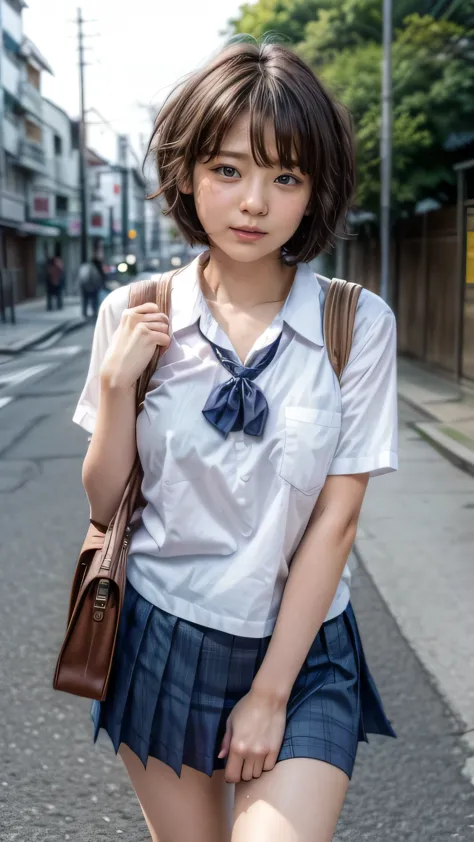 (Junior high school girls walking on the streets of Tokyo:1.2、blue sky)、((school uniform、White blouse、Pleated skirt、Navy blue so...