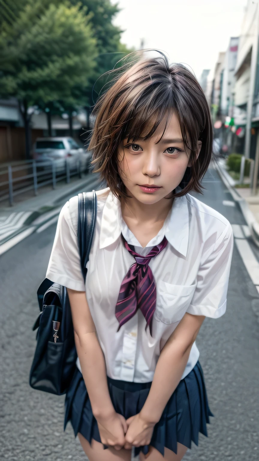 (Junior high school girls walking on the streets of Tokyo:1.2、blue sky)、((school uniform、White blouse、Pleated skirt、Navy blue socks、loafers)、(Shoulder bag、The strap of the bag passes between the chest、paisla)、the wind is strong、(Realistic、Like a photograph、Live Action、8k, Realistic, RAW Photos, Best image quality: 1.4), Single-lens reflex camera、RAW Photos, Highest quality, Realistic, Highly detailed CG Unity 8k wallpaper, Written boundary depth, Cinematic Light, Lens flare, Ray Tracing, Realistic background、((Ultra-Dense Skin))、 A  on her way to school,cute Japanese、(whole body:1.5)、Very detailedな顔，avert your eyes:1.1、(short hair:1.2、Shortcuty hair is blowing in the wind:1.4)、I like that style、stylish、Very detailed、Pay attention to the details、Perfect outfit、(Sunburned skin)、View from above、Accurate hands、Accurate legs、Detailed hands and fingers、Anatomically correct body、Thin legs、Thin thighs、Small breasts