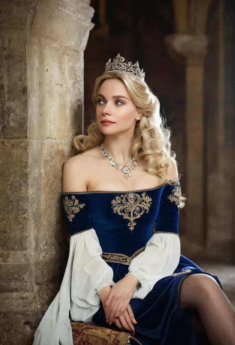 wrc style, beautiful woman, blond, sitting, royal outfit, royal chamber, medieval setting