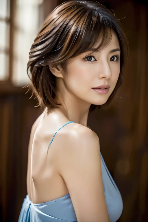 Highest quality, Realistic, Perfect Human Anatomy, Very detailed, Very delicate and beautiful, RAW Photos, Professional Lighting, illumination, Written boundary depth, Single Focus, whole body, Skinny Japanese woman, 45-year-old woman, Brown Hair, Small Head, Beautiful Eyes, True Face, Realistic skin, fine grain, (Fashionable hairstyles: 1.3),Bust Emphasis、Sexy blue dress、（Outdoor:1.5）