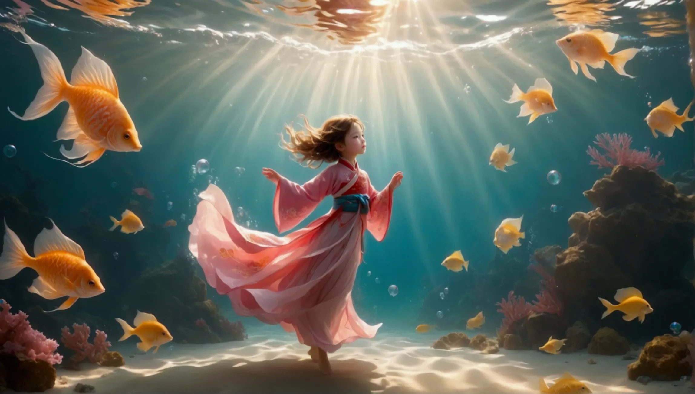 1. little girl, solitary, under the deep sea, walking underwater；wearing pink chinese clothing，fairy the same，underwater dance，s...