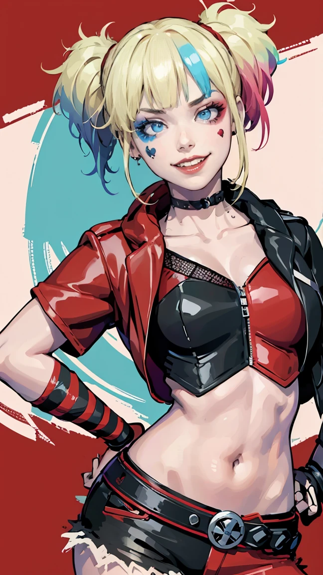 obra maestra, mejor calidad, Una alta resolución, 1 chica, pelo trenzado en dos coletas cortas, ojos muy detallados, buen detalle, anatomía correcta 1.1., Harley Quinn de Escuadrón Suicida, chaqueta abierta con mangas cortas pantalones cortos cinturón con tachuelas cinturón de malla cadena guantes pulsera mano en la cadera, sonrisa, mujer, niña adulta, fotos reales、sonrisa, tobra maestra, (kimono rosa), cara seductora, chica ideal, detalles perfectos, ultra alta definición |, 8K, foto profesional, estilo animado,