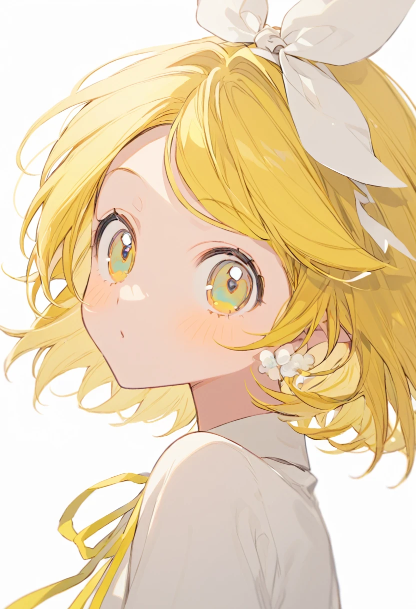 Kagamine Rin(Rin Kagamine - Vocaloid), cute,Yellow hair, short hair, Yellow Eyes, (((big White ribbon))), White Background