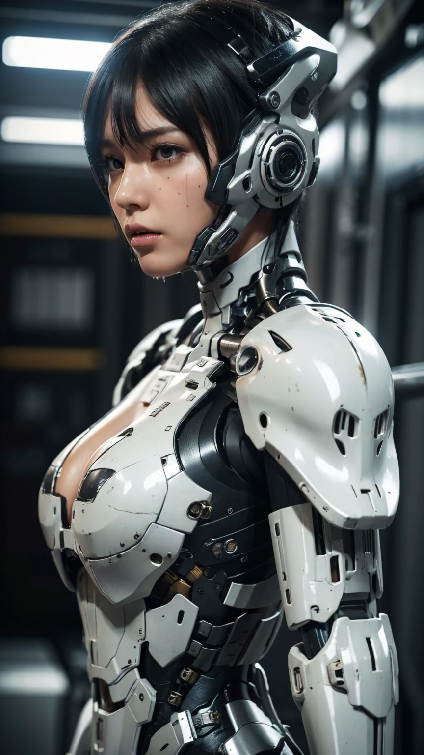 Textured skin, Very detailed, Attention to detail, high quality, 最high quality, High resolution, 1080P, hard disk, beautiful,(War Machine),beautifulサイボーグ女性,Mecha Cyborg Girl,BATTLE MODE,Girl with a mechanical body　Black Hair　Short Hair Boyish　　Sweaty and wet face　The change is over　Met Off　Steam coming from the head　Steam coming out of the whole body　Painful expression　Please open your mouth wide　Snug-fitting headgear　Black Inner Suit　Full body portrait　Rear View