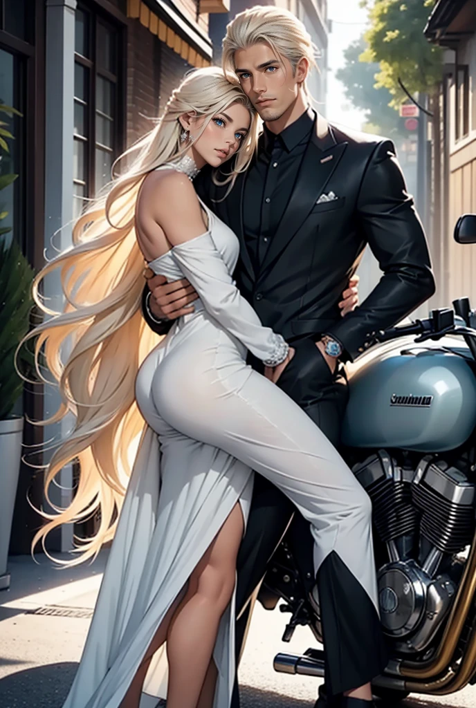 A tall, handsome, statuesque, courageous, adult man is platinum blond, he is a biker, he is wearing a motorcycle jumpsuit, he has long straight platinum hair, tanned skin, blue eyes, long bangs, he is sitting astride a motorcycle and holding a backer suit, he is hugged by an incredibly beautiful young femme fatale-blonde, she is wearing a summer sundress that emphasizes her perfect figure, long golden hair is gathered in a beautiful hairstyle. They are in love with each other. Realistic image.