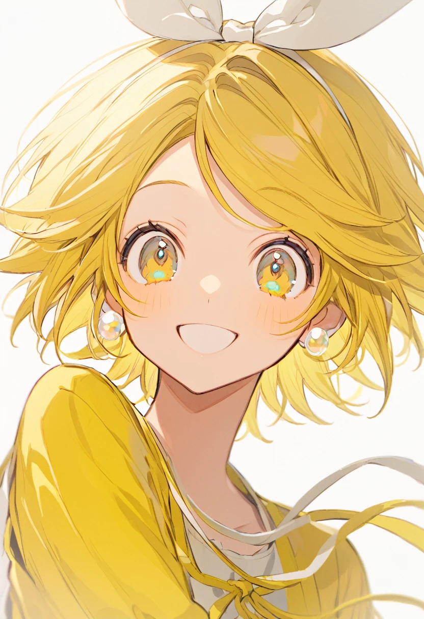 Kagamine Rin(Rin Kagamine - Vocaloid), Smile, cute, Yellow hair, short hair, Yellow Eyes, (((big White ribbon))), White Background