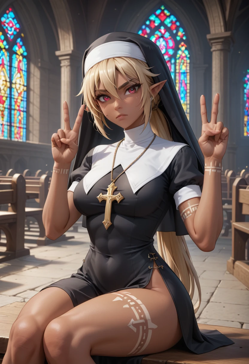 1girl, peace sign, sitting, sloppy, short sleeves, tribal tattoo, dark skin, serious, medium breasts, muscular, long ponytail, blonde hair, dark elf, perfect face, perfect red eyes, church, nun clothes, nun hat, masterpiece quality, ultra HD, 4K, best quality