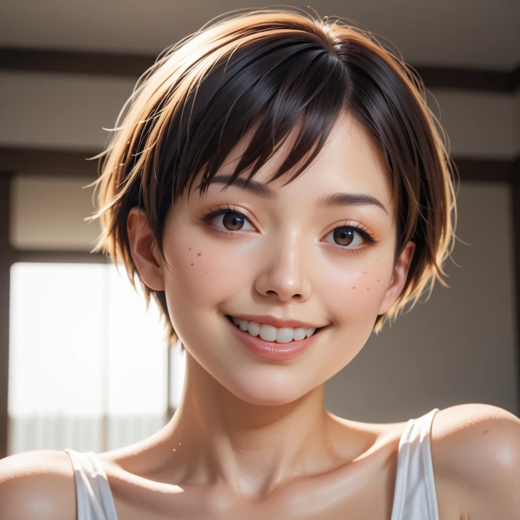 masterpiece, realistic, photorealistic, best quality, beautiful detailed, natural lighting, sharp focus, depth of field, extreme close-up shot, a beautiful 20-year-old Japanese woman, solo:1.2, very short cut hair, looking at viewer, best quality real texture skin, Detailed beautiful delicate face and eyes, double eyelid, smile:1.2, white teeth:1.2