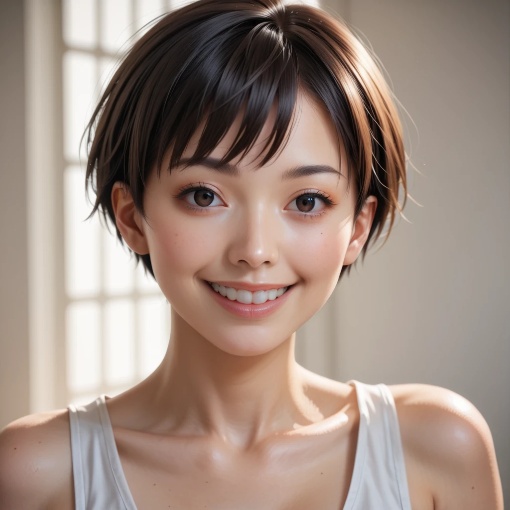 masterpiece, realistic, photorealistic, best quality, beautiful detailed, natural lighting, sharp focus, depth of field, extreme close-up shot, a beautiful 20-year-old Japanese woman, solo:1.2, very short cut hair, looking at viewer, best quality real texture skin, Detailed beautiful delicate face and eyes, double eyelid, smile:1.2, white teeth:1.2