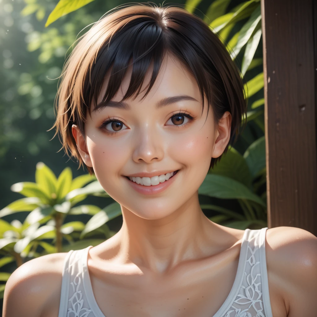 masterpiece, realistic, photorealistic, best quality, beautiful detailed, natural lighting, sharp focus, depth of field, extreme close-up shot, a beautiful 20-year-old Japanese woman, solo:1.2, very short cut hair, looking at viewer, best quality real texture skin, Detailed beautiful delicate face and eyes, double eyelid, smile:1.2, white teeth:1.2