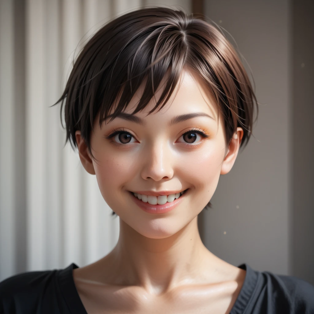 masterpiece, realistic, photorealistic, best quality, beautiful detailed, natural lighting, sharp focus, depth of field, extreme close-up shot, a beautiful 20-year-old Japanese woman, solo:1.2, very short cut hair, looking at viewer, best quality real texture skin, Detailed beautiful delicate face and eyes, double eyelid, smile:1.2, white teeth:1.2