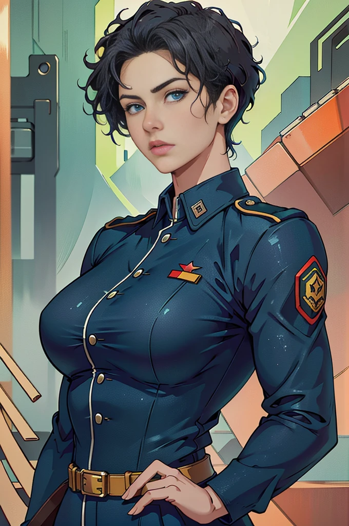 여성 soldado, pele brilhante, Melhor qualidade, ilustração, (realista:1.4) 여성 soldado, Oficial Feminina, soldado, uniforme militar, Cabelo permanente, Cabelo preto, olhos azuis, cabelo curto, 연녹색의 uniforme militar