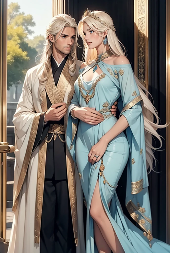 Tall, handsome, statuesque, courageous, adult man - platinum blonde, he is an antique king, light blue royal robes, he has long straight platinum hair, tanned skin, blue eyes, long bangs, he holds the hand of an incredibly beautiful young femme fatale blonde, she is wearing a thin antique robe, emphasizing her perfect figure, long golden hair is gathered in a beautiful hairstyle decorated with precious stones. They are in love with each other. Realistic image.