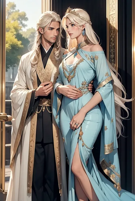Tall, handsome, statuesque, courageous, adult man - platinum blonde, he is an antique king, light blue royal robes, he has long ...