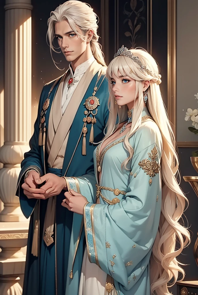 Tall, handsome, statuesque, courageous, adult man - platinum blonde, he is an antique king, light blue royal robes, he has long straight platinum hair, tanned skin, blue eyes, long bangs, he holds the hand of an incredibly beautiful young femme fatale blonde, she is wearing a thin antique robe, emphasizing her perfect figure, long golden hair is gathered in a beautiful hairstyle decorated with precious stones. They are in love with each other. Realistic image.