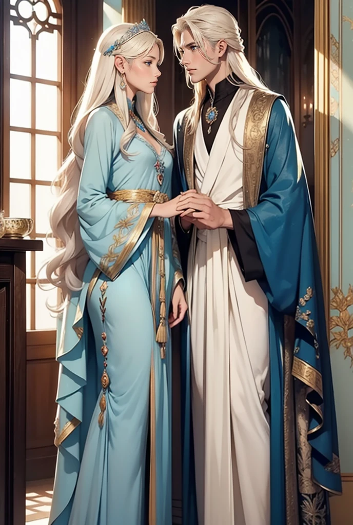 Tall, handsome, statuesque, courageous, adult man - platinum blonde, he is an antique king, light blue royal robes, he has long straight platinum hair, tanned skin, blue eyes, long bangs, he holds the hand of an incredibly beautiful young femme fatale blonde, she is wearing a thin antique robe, emphasizing her perfect figure, long golden hair is gathered in a beautiful hairstyle decorated with precious stones. They are in love with each other. Realistic image.