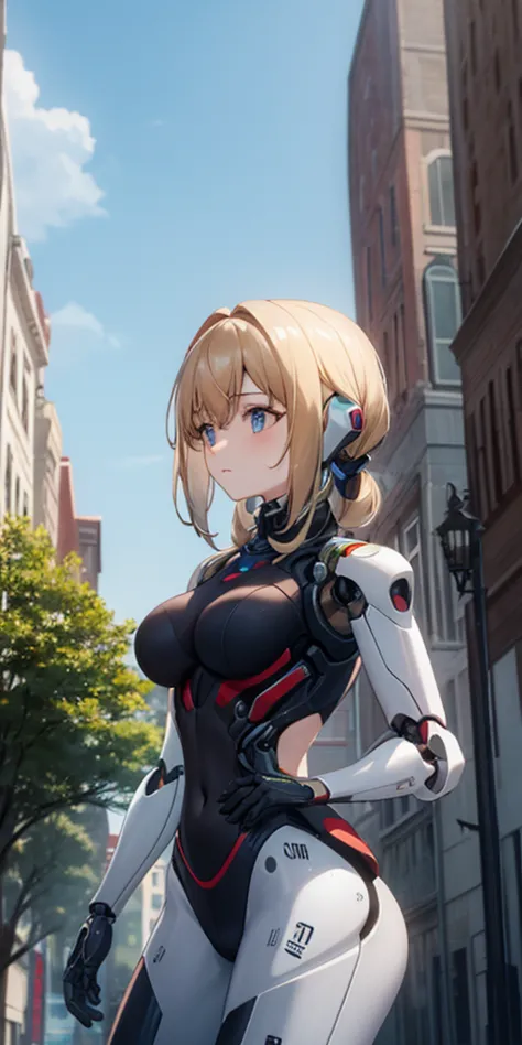 roxanne there is a woman in a robot suit posing next to an ancient building, beautiful white girl half cyborg, cute cyborg girl,...