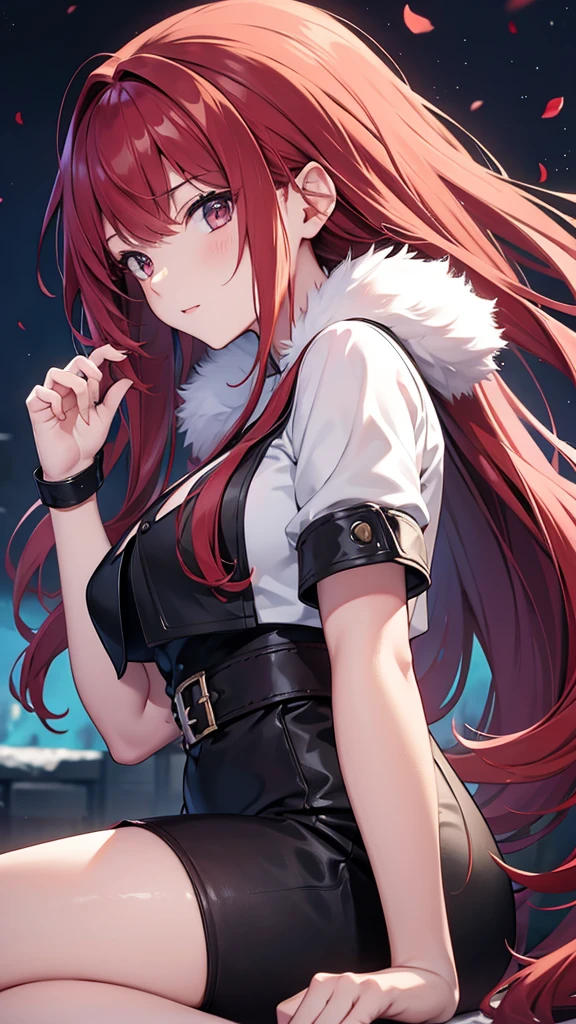 two anime girls, long dark red hair