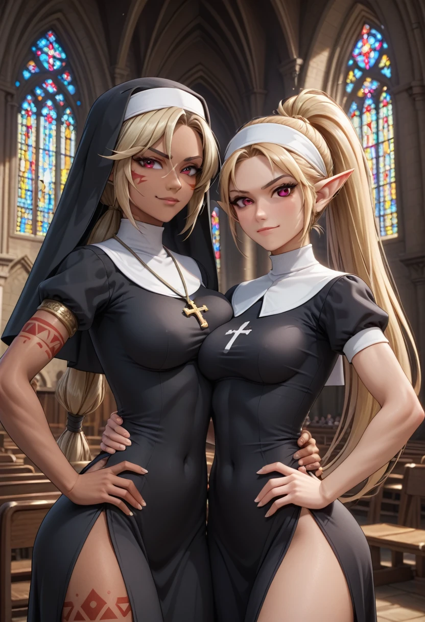 2girls, breast press, 1girl, smirk, hands on hips, short sleeves, tribal tattoo, dark skin, serious, medium breasts, muscular, long ponytail, blonde hair, dark elf, perfect face, perfect red eyes, church, nun clothes, masterpiece quality, ultra HD, 4K, best quality