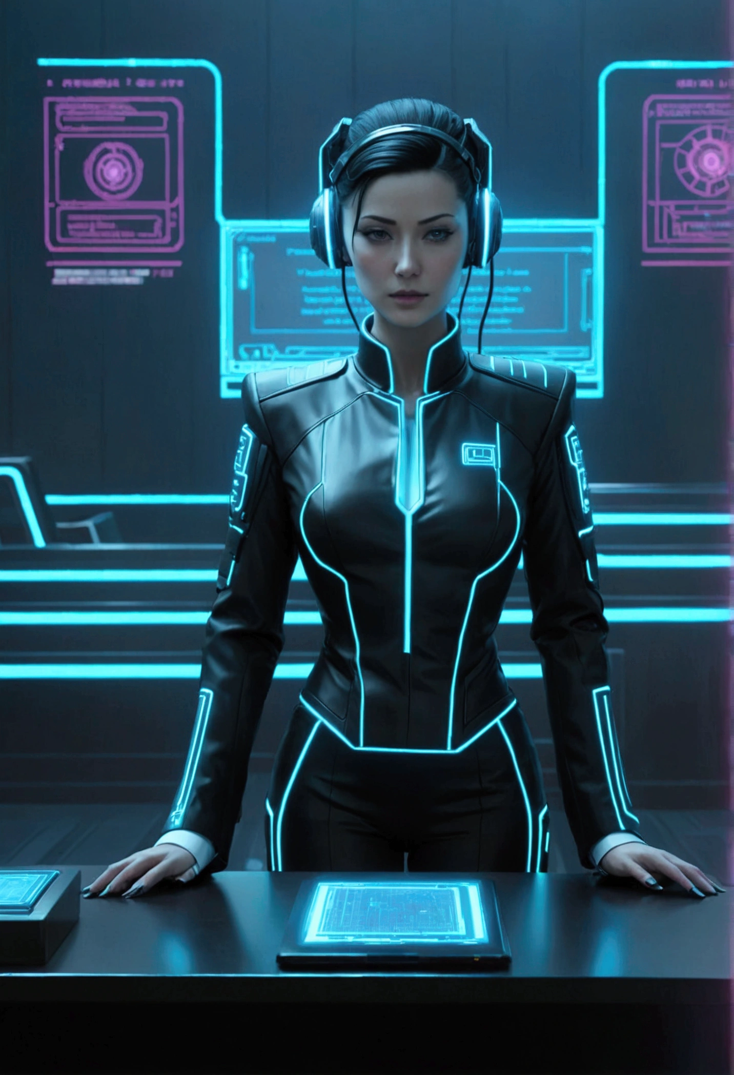 (cyberpunk, courthouse)A virtual lawyer (female, tron style lawyer outfit, health bar over head) is addressing a virtual jury. Health bar titled 'lawyer' over her head, show all of her
