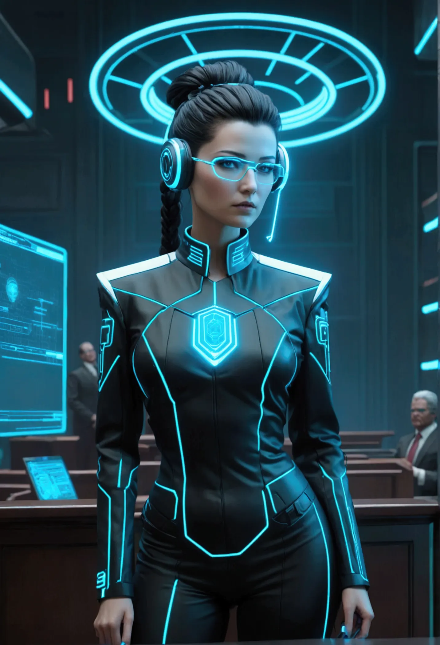 (cyberpunk, courthouse)a virtual lawyer (female, tron style lawyer outfit, health bar over head) is addressing a virtual jury. h...