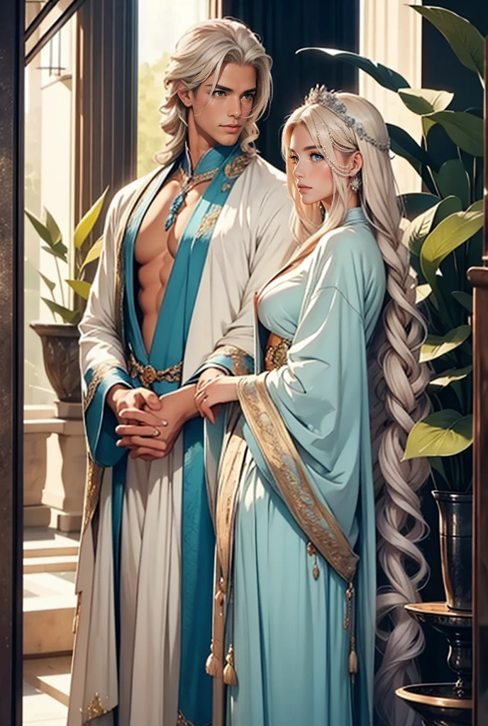 Tall, handsome, statuesque, courageous, adult man-platinum blonde, he is an antique king, light blue royal robes, he has long straight platinum hair, tanned skin, blue eyes, long bangs, he holds the hand of an incredibly beautiful young femme fatale blonde, she is wearing a thin transparent antique robe, emphasizing her perfect figure, big, beautiful, neat breasts, pointed nipples. Her long golden hair is gathered into a beautiful hairstyle decorated with jewels. They are in love with each other. Realistic image.