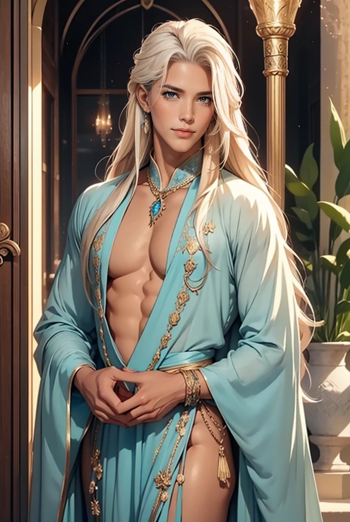 Tall, handsome, statuesque, courageous, adult man-platinum blonde, he is an antique king, light blue royal robes, he has long straight platinum hair, tanned skin, blue eyes, long bangs, he holds the hand of an incredibly beautiful young femme fatale blonde, she is wearing a thin transparent antique robe, emphasizing her perfect figure, big, beautiful, neat breasts, pointed nipples. Her long golden hair is gathered into a beautiful hairstyle decorated with jewels. They are in love with each other. Realistic image.