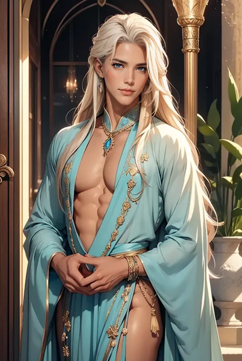 Tall, handsome, statuesque, courageous, adult man-platinum blonde, he is an antique king, light blue royal robes, he has long st...