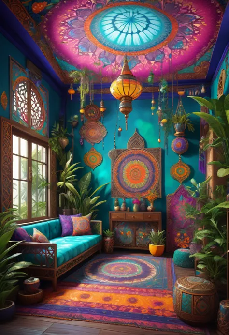 a high quality digital painting of a vibrant and eclectic (bohemian) com) interior with intricate patterns and eclectic decor, i...