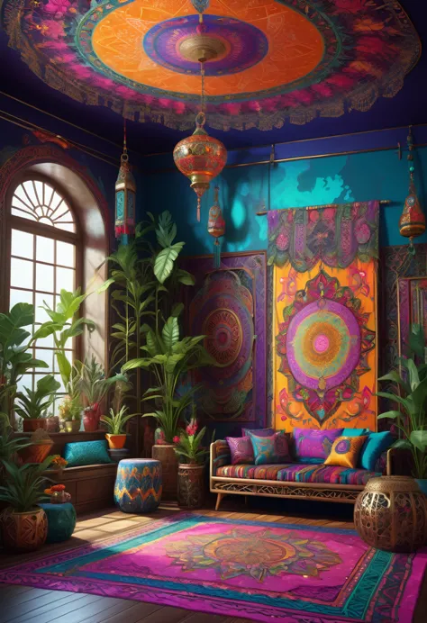 a high quality digital painting of a vibrant and eclectic (bohemian) com) interior with intricate patterns and eclectic decor, i...