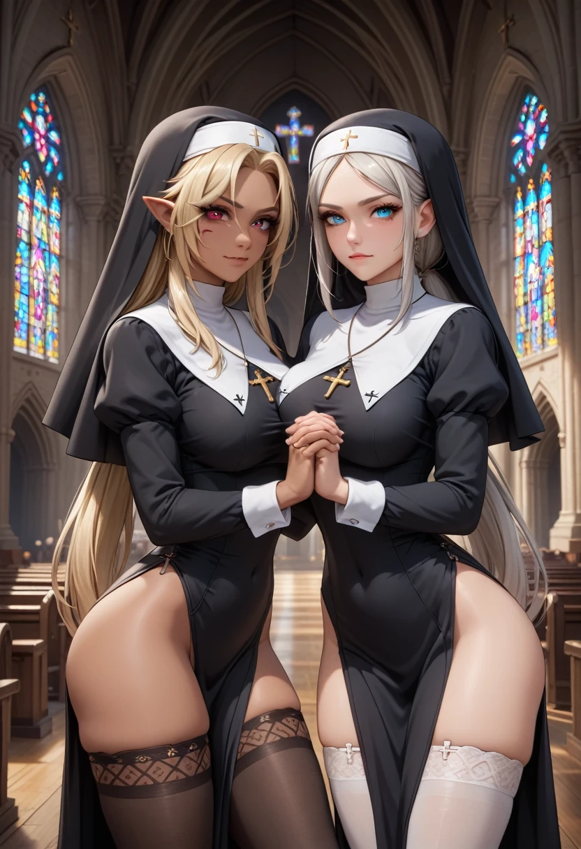 2girls, breast press, facing each other, face-to-face, first: girl, smirk, short sleeves, tribal tattoo, dark skin, serious, medium breasts, muscular, long ponytail, blonde hair, dark elf, perfect face, perfect red eyes, church, nun clothes, masterpiece quality, ultra HD, 4K, best quality; second girl: serious, stockings, perfect face, gorgeous woman, beautiful, perfect blue eyes, gentle eyes, white hair, long hair, parted bangs, large breasts, nun clothes, long sleeves, church, masterpiece quality, ultra HD, 4K, best quality