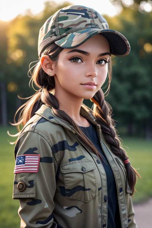 RAW photo in sequence, A photo of a 2 woman, ((Upper body)), Detailed face, detailed and slightly out of focus background shots, natural lights, HdR, realistic photo, professional photography, visible to the viewer, sexy appearance, photorealistic, tan skin, 8K UHD, high quality, film grain, Fujifilm XT3, Modern camo jacket, camo ballcap, braided hair, waving an American flag