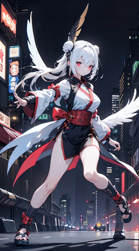 Cyberpunk style，bird girl，Bird Girl，Crane style，Crane element，black vs white，black vs white，White hair，White long hair，White clothes，harpy，wing，wing，Feather sleeves，wing袖子，wing衣服，wing服装，White cheongsam，Feather costume，feather folding fan，Feather fan handheld fan，feather folding fan，Kung Fu Girl Chinese Style，Fighting style，Cyberpunk style，Street background，赛博朋克Urban BackgroundStreet background，赛博朋克Street background，Urban Background，Standing posture，Fighting Stance，Fighting Stance，Boxing Stance，Boxing stance，Close-up above the waist，Ball head，White hair，White long hair，White hair