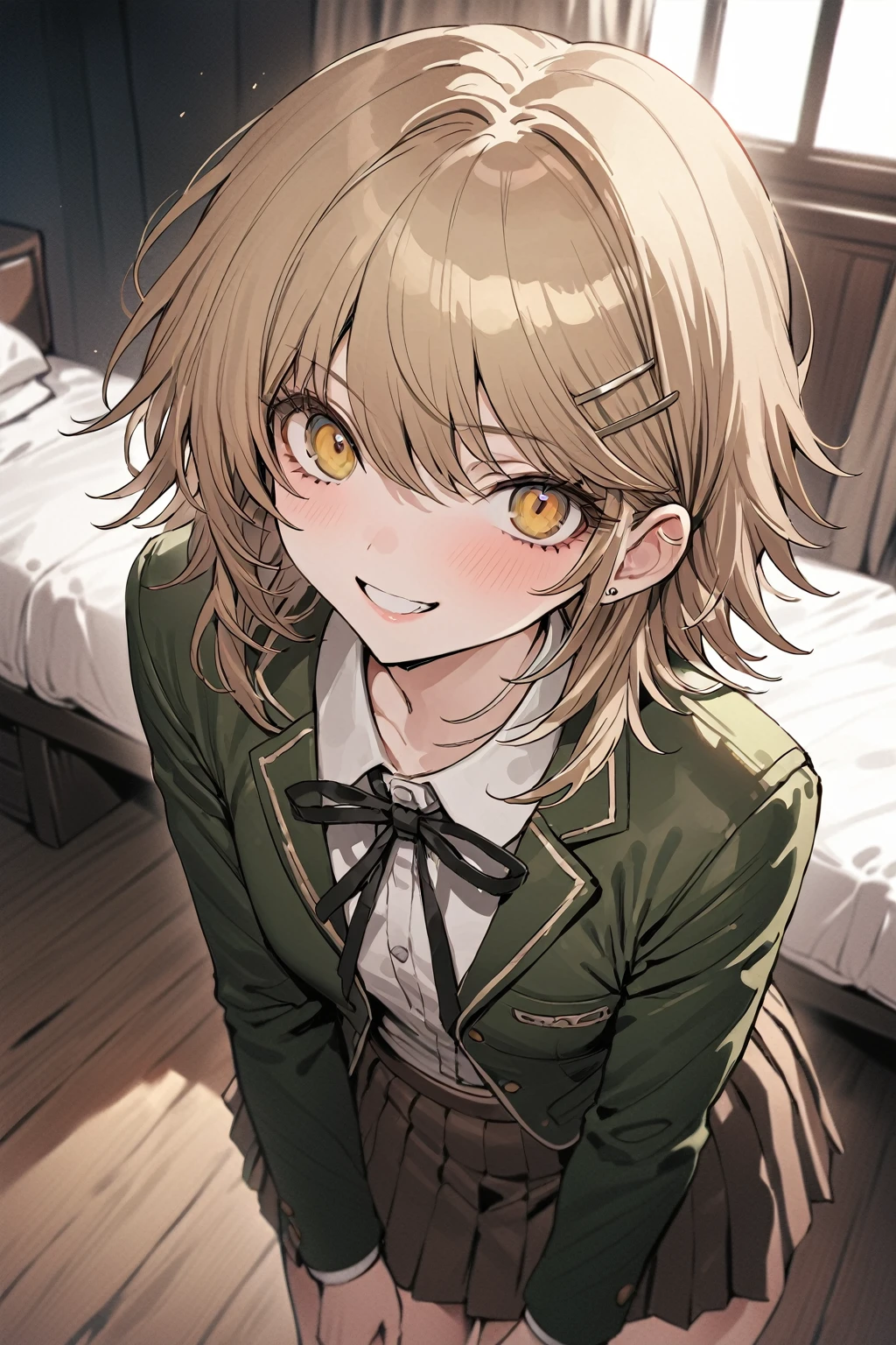 ((masterpiece,High resolution,Highest quality,8k))
(17 year old boy,Danganronpa,chihiro fujisaki)
(Green jacket,Black Neck Ribbon,Brown pleated skirt)smile