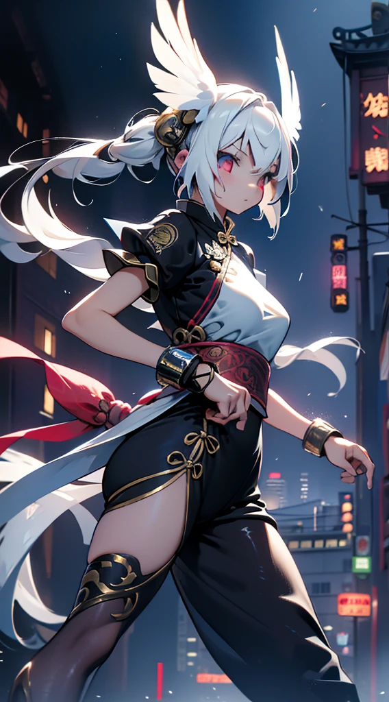 Cyberpunk style，bird girl，Bird Girl，Crane style，Crane element，black vs white，black vs white，White hair，White long hair，White clothes，harpy，wing，wing，Feather sleeves，wing袖子，wing衣服，wing服装，White cheongsam，Feather costume，feather folding fan，Feather fan handheld fan，feather folding fan，Kung Fu Girl Chinese Style，Fighting style，Cyberpunk style，Street background，赛博朋克Urban BackgroundStreet background，赛博朋克Street background，Urban Background，Standing posture，Fighting Stance，Fighting Stance，Boxing Stance，Boxing stance，Close-up above the waist，Ball head，White hair，White long hair，White hair