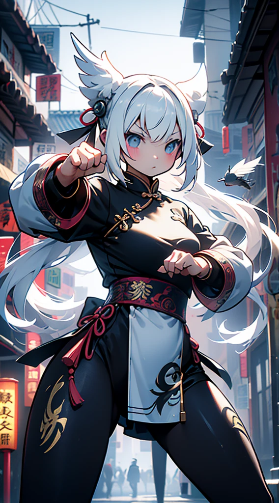 Cyberpunk style，bird girl，Bird Girl，Crane style，Crane element，black vs white，black vs white，White hair，White long hair，White clothes，harpy，wing，wing，Feather sleeves，wing袖子，wing衣服，wing服装，White cheongsam，Feather costume，feather folding fan，Feather fan handheld fan，feather folding fan，Kung Fu Girl Chinese Style，Fighting style，Cyberpunk style，Street background，赛博朋克Urban BackgroundStreet background，赛博朋克Street background，Urban Background，Standing posture，Fighting Stance，Fighting Stance，Boxing Stance，Boxing stance，Close-up above the waist，Ball head，White hair，White long hair，White hair