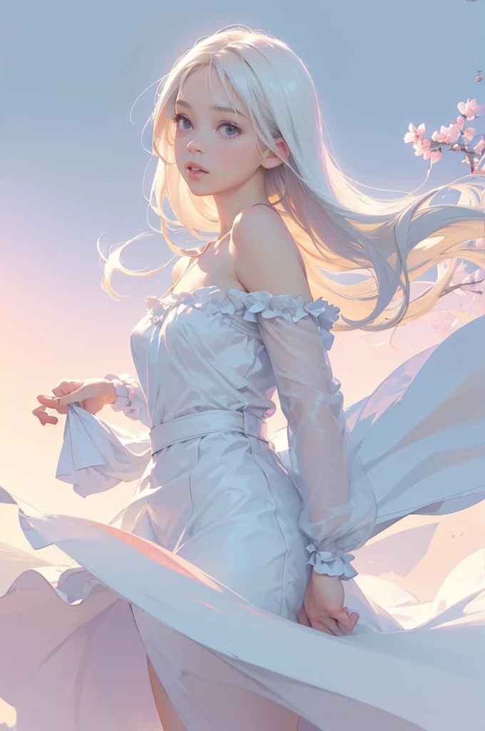 Dreamy pastel painting,　whole body，((One girl))，Realistic，lips，Tabletop，Highest quality，Realistic feel，(((Smooth straight hair　length, beautiful, Flowing white hair)))，beautiful細かい丸い目，Skin Texture，Delicate silk，(Princess Decoration，Baby Pink:1.2)，detailed，Long hem，Prism Rotation，(((Gazing into the distance))), Pink Coat，moving composition，Against a deep background，Flowers in the sky，it was foggy, Bokeh, it was foggy, Dutch Angle, Afterimage, Minimalism，Movie-like scene, Cinema Lighting，超beautifulポートレート, Abstract background