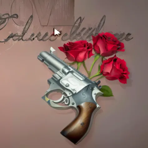 There is a gun with roses in it and a love message, loverslab, Close-up of weapons and roses, beautiful surreal pistol, Albumcover, Conceptual art of love, Armed and dangerous, Cover art, Additional Details, realistic weapon design, !!!!!!!!!!!!!!!!!!!!!!!!!, Weapon Art Reference, unreal perhaps, inspired by Carlos Enríquez Gómez, unreal details