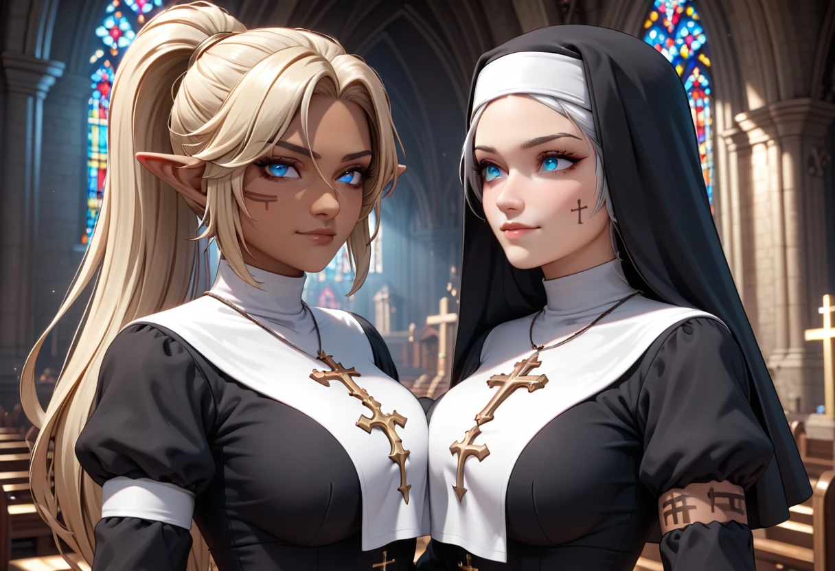 2girls, breast press, facing each other, face-to-face, first: girl, smirk, short sleeves, tribal tattoo, dark skin, serious, medium breasts, muscular, long ponytail, blonde hair, dark elf, perfect face, perfect red eyes, church, nun clothes, masterpiece quality, ultra HD, 4K, best quality; second girl: serious, stockings, perfect face, gorgeous woman, beautiful, perfect blue eyes, gentle eyes, white hair, long hair, parted bangs, large breasts, nun clothes, long sleeves, church, masterpiece quality, ultra HD, 4K, best quality