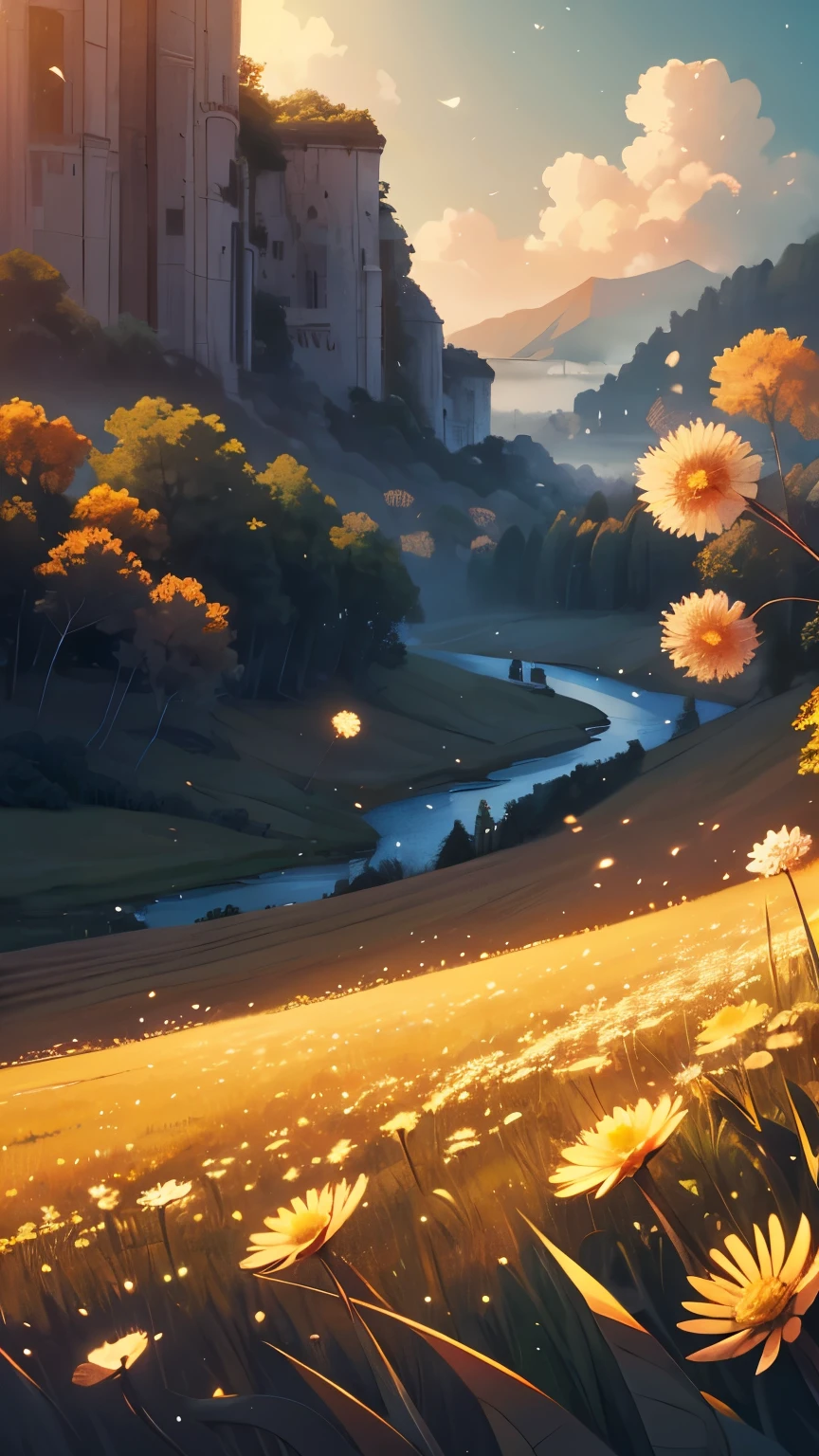 White Dandelions, white dandlions with tiny seeds, a close up of a field with a bunch of dandelions in the sky, amazing wallpaper, beautiful digital artwork, sundown misty firefly wisps, beautiful art, beautiful art uhd 4 k, dandelions, artistic illustration, by Cyril Rolando, beautiful wallpaper, inspired by Cyril Rolando, beautiful iphone wallpaper, summer morning light, beautiful artwork