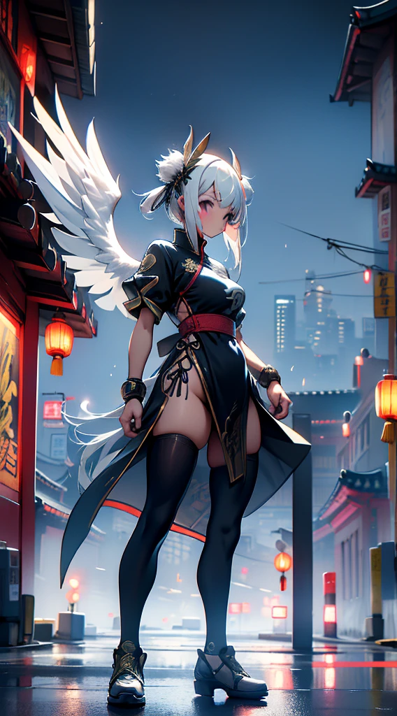 Cyberpunk style，bird girl，Bird Girl，Crane style，Crane element，black vs white，black vs white，White hair，White long hair，White clothes，harpy，wing，wing，Feather sleeves，wing袖子，wing衣服，wing服装，White cheongsam，Feather costume，feather folding fan，Feather fan handheld fan，feather folding fan，Kung Fu Girl Chinese Style，Fighting style，Cyberpunk style，Street background，赛博朋克Urban BackgroundStreet background，赛博朋克Street background，Urban Background，Standing posture，Fighting Stance，Fighting Stance，Boxing Stance，Boxing stance，Close-up above the waist，Ball head，White hair，White long hair，White hair