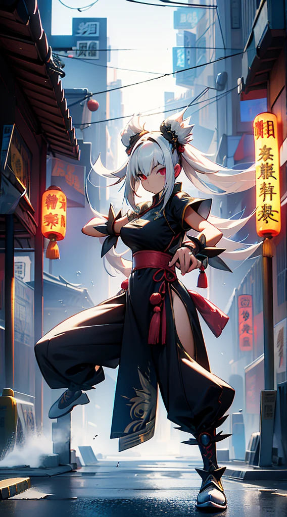 Cyberpunk style，bird girl，Bird Girl，Crane style，Crane element，black vs white，black vs white，White hair，White long hair，White clothes，harpy，wing，wing，Feather sleeves，wing袖子，wing衣服，wing服装，White cheongsam，Feather costume，feather folding fan，Feather fan handheld fan，feather folding fan，Kung Fu Girl Chinese Style，Fighting style，Cyberpunk style，Street background，赛博朋克Urban BackgroundStreet background，赛博朋克Street background，Urban Background，Standing posture，Fighting Stance，Fighting Stance，Boxing Stance，Boxing stance，Close-up above the waist，Ball head，White hair，White long hair，White hair