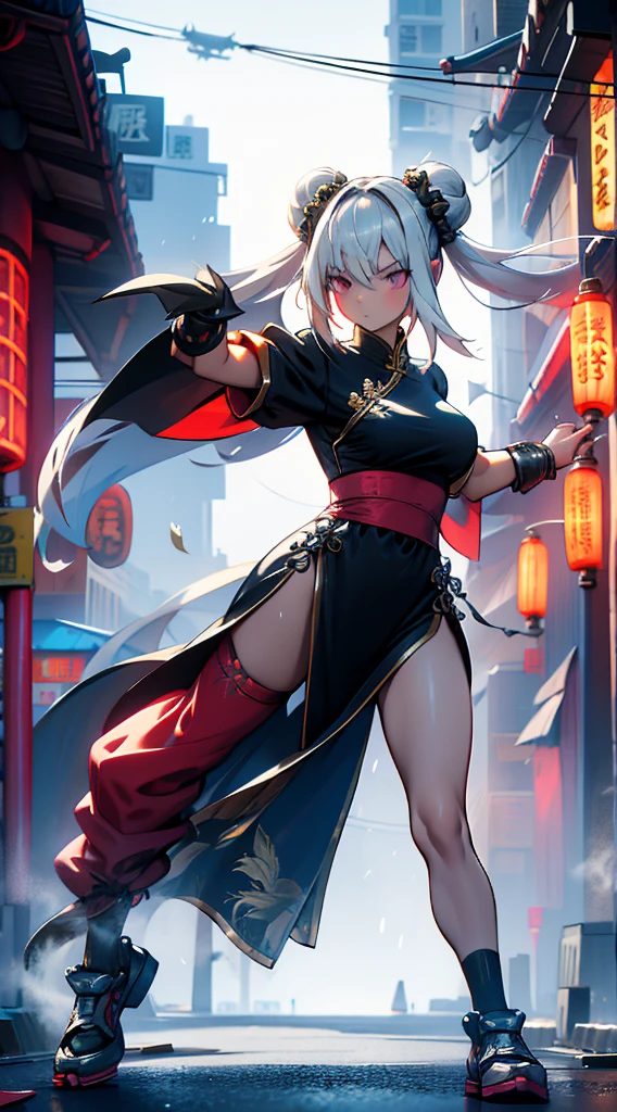 Cyberpunk style，bird girl，Bird Girl，Crane style，Crane element，black vs white，black vs white，White hair，White long hair，White clothes，harpy，wing，wing，Feather sleeves，wing袖子，wing衣服，wing服装，White cheongsam，Feather costume，feather folding fan，Feather fan handheld fan，feather folding fan，Kung Fu Girl Chinese Style，Fighting style，Cyberpunk style，Street background，赛博朋克Urban BackgroundStreet background，赛博朋克Street background，Urban Background，Standing posture，Fighting Stance，Fighting Stance，Boxing Stance，Boxing stance，Close-up above the waist，Ball head，White hair，White long hair，White hair