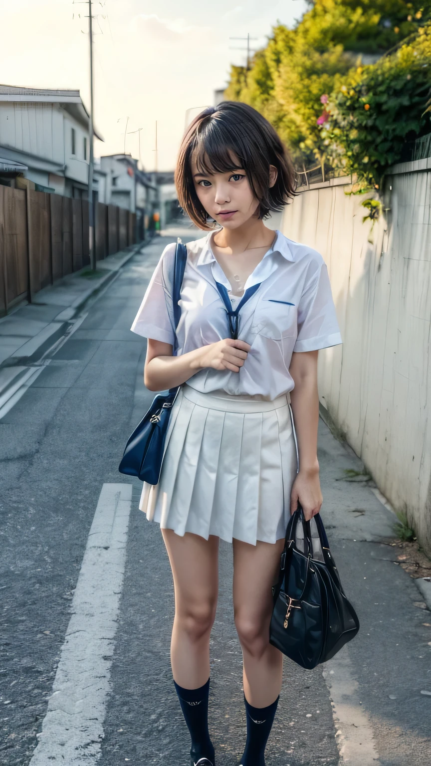 (Des lycéennes marchant dans les rues de Tokyo:1.2、ciel bleu)、((uniforme scolaire、blouse blanche、jupe plissée、Chaussettes bleu marine、flâneurs)、(sac d&#39;épaule、La sangle du sac passe entre la poitrine、Paisla:1.5)、le vent est fort、(Réaliste、comme une photo、action en direct、8k, Réaliste, Photos brutes, Meilleure qualité d&#39;image: 1.4), Appareil photo reflex mono-objectif、Photos brutes, la plus haute qualité, Réaliste, Fond d&#39;écran CG Unity 8K très détaillé, Profondeur de la limite écrite, lumière cinématographique, reflet, Tracé laser, Réaliste background、((Peau ultra-dense))、 Une fille en route pour l'école,Japonais mignon、(tout le corps:1.5)、très détailléな顔，détourne les yeux:1.1、(Cheveux courts:1.2、Les cheveux courts soufflent dans le vent:1.4)、J&#39;aime ce style、élégant、très détaillé、Faites attention aux détails、Tenue parfaite、(peau brûlée par le soleil)、vue d&#39;en-haut、des mains précises、jambes précises、Mains et doigts détaillés、corps anatomiquement correct、jambes fines、Cuisses fines、Petits seins