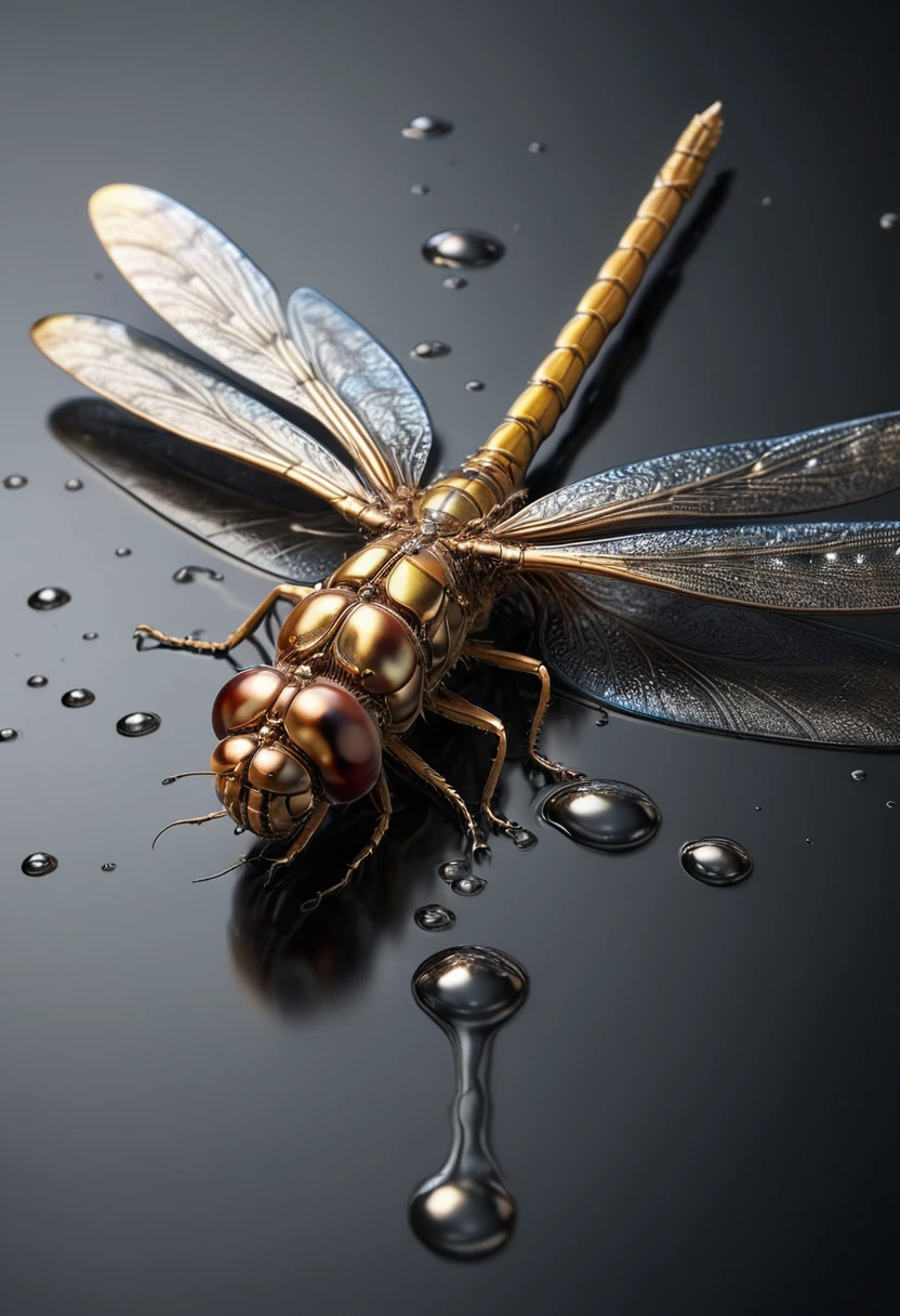 (mercury composed of one Colorful dragonfly :1.8)rising from a puddle of liquid mercury, extremely shiny, smooth surface texture, polished surface, reflective, 45 degrees angle from the front, tesselation ral-chrome, Photorealistic, Hyperrealistic, Hyperdetailed, analog style, detailed skin, matte skin, soft lighting, subsurface scattering, realistic, heavy shadow, masterpiece, best quality, ultra realistic, 8k, golden ratio, Intricate, High Detail, film photography, soft focus