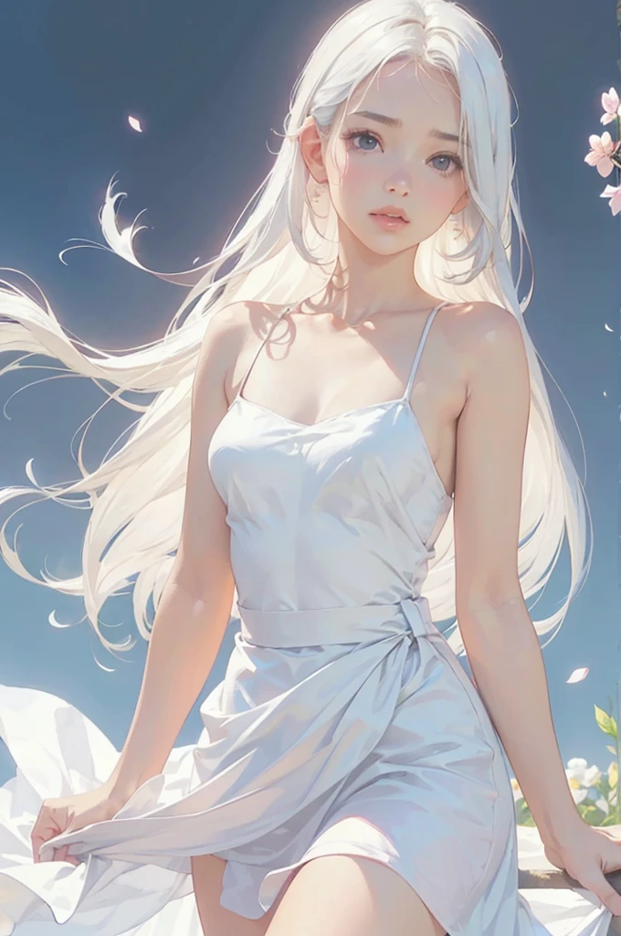 Dreamy pastel painting,　whole body，((One girl))，Realistic，lips，Tabletop，Highest quality，Realistic feel，(((Smooth straight hair　length, beautiful, Flowing white hair)))，beautiful細かい丸い目，Skin Texture，Delicate silk，(Princess Decoration，Baby Pink:1.2)，detailed，Long hem，Prism Rotation，(((Gazing into the distance))), Pink Coat，moving composition，Against a deep background，Flowers in the sky，it was foggy, Bokeh, it was foggy, Dutch Angle, Afterimage, Minimalism，Different world，Movie-like scene, Cinema Lighting，超beautifulポートレート, Abstract background